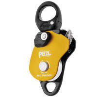 Very efficient progress capture pulley combines a pulley with an integrated cam which allows the rope to move through the pulley without slipping backwards.